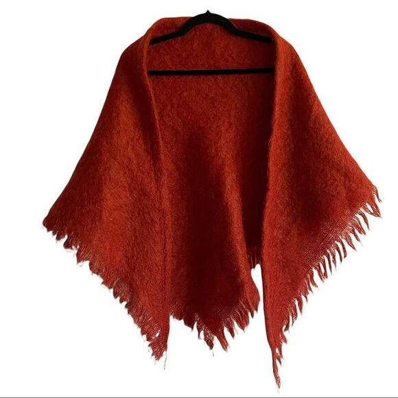 MOHAIR Vintage Shawl Wrap Fringe Rust Red One Size - Picture 5 of 6